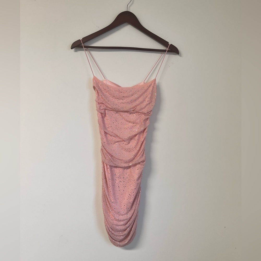 Oh Polly Pink Glitter Cowl Neck Ruched Mini Dress Bodycon Size US 4 - Picture 3 of 9